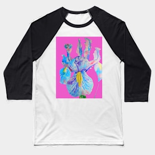 Iris Watercolor Painting - Blue with Raindrops - on Magenta Pink Baseball T-Shirt